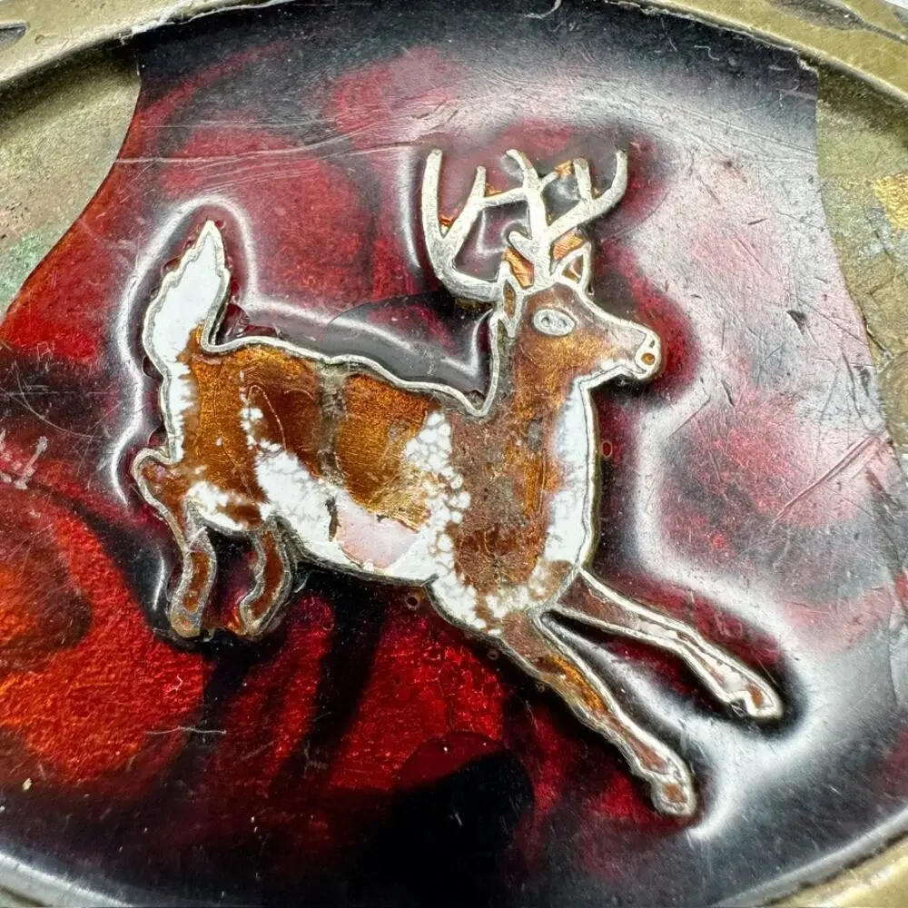 Vintage Aminco 1980 Solid Brass Deer Belt Buckle Red Black Enamel Oval Laurel ✨
